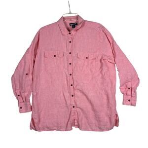 Lands End Shirt Womens Large (14-16) Pink 100% Linen Button Utility Outdoor